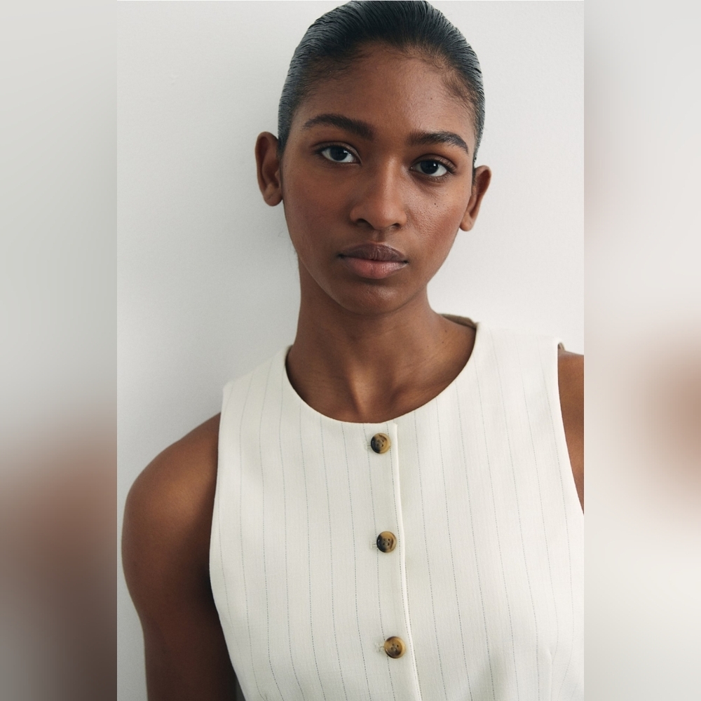 H&M Long Suit Vest, Cream Pinstripe, Size: M